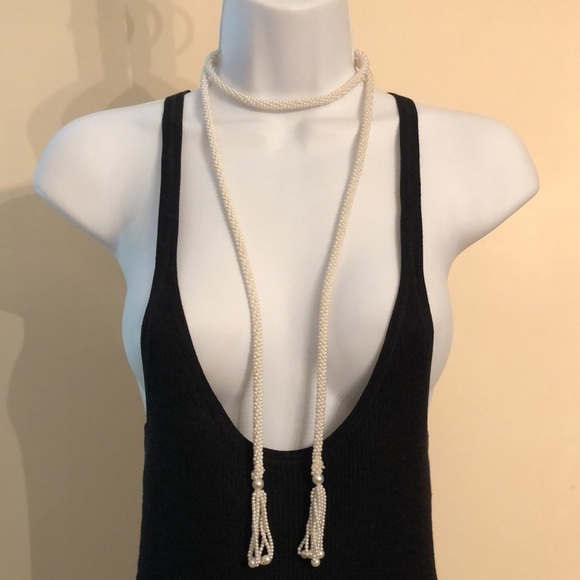 Vintage faux pearl tassel twist lariat tie anywhere tassel necklace statement. - Picture 5 of 6